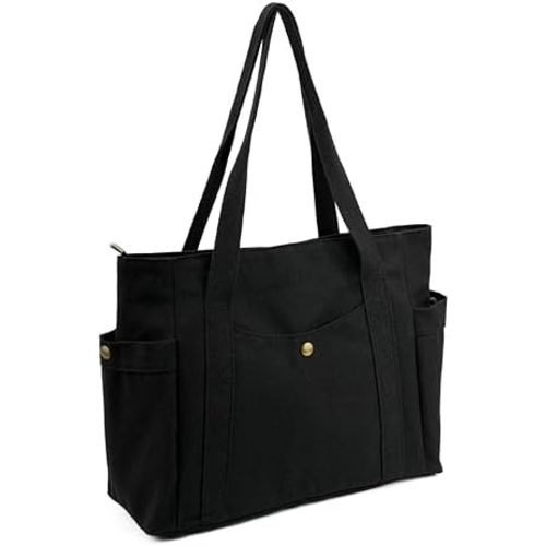 Canvas Tote Bag with Zipper, Multiple Pockets for Daily Essentials, Travel, Work