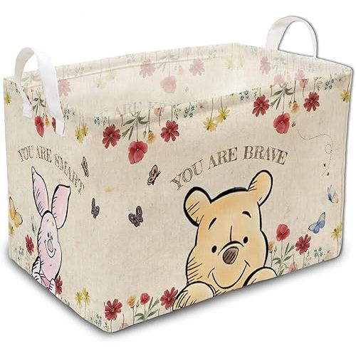 Classic Winnie Laundry Hamper, Winnie Nursery Basket with Handles, Foldable and Waterproof Canvas Laundry Hamper, Bathroom and Bedroom Stuff Baby Vintage Decor, Baby Storage Basket Decoration