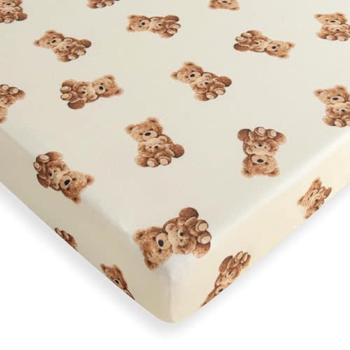 LifeTree Crib Sheets for Baby Unisex - Muslin Fitted Crib Sheets Toddler Bed Sheet, 70% Viscose from Bamboo and 30% Cotton, Fits Mini Crib & Pack and Play Playard, Bear, 26in x 38in