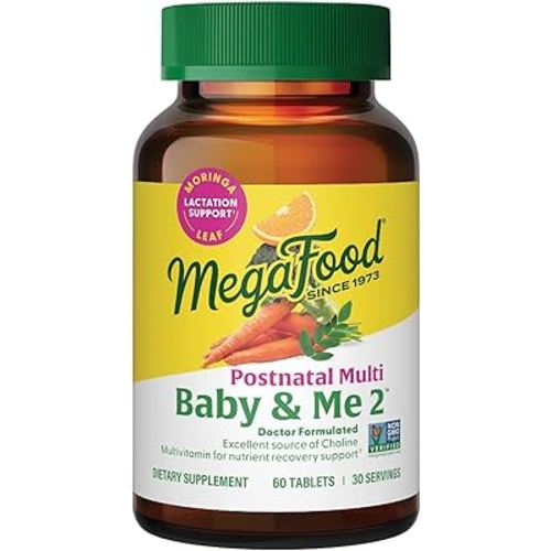 MegaFood Baby & Me 2 Postnatal Vitamins for Women Breastfeeding with Folate (Folic Acid Natural Form), Choline, Iodine, Vitamin D, Moringa Leaf and More - 60 Tabs (30 Servings)