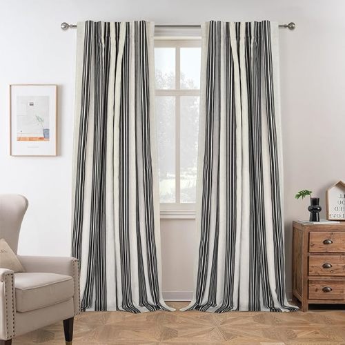 DriftAway Chris Linen Blackout Curtains with Thermal and Sound Reducing Layer 84 Inches Long for Bedroom Striped Printed Drapes Thermal Insulated Lined Window Treatment for Living Room Linen Jean Navy