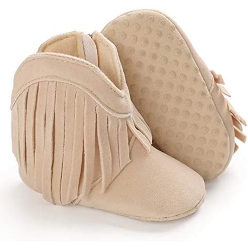 SOFMUO Baby Girls Cowboy Tassel Boots with Side Zipper Moccasins Non Slip Infant Booties Suede Toddler First Walker Shoes