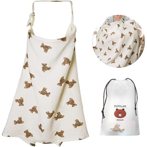 Muslin Nursing Cover Baby Breastfeeding Nursing Cover Infant Cloth Stroller Cover 360°Coverage Breathable Lightweight for Privacy Shield - KAMHBE (Bear)