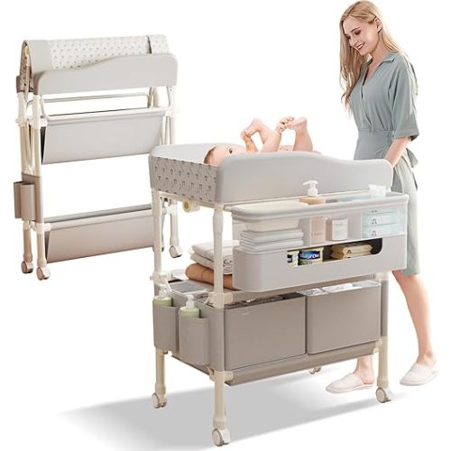 Baby Changing Table, Versatile Folding Changing Table with 2 Drawers, Portable Baby Diaper Changing Station with Toy Holder, Adjustable Height Mobile Nursery Diaper for Infant and Newborn