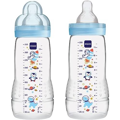 MAM Easy Active Baby Bottles 11oz, Fast Flow Skinsoft Silicone Nipple with Wide Neck Ergonomic Design, Easy to Hold, BPA-Free, Bottles with Leak-Proof Caps for 4+ Months Baby