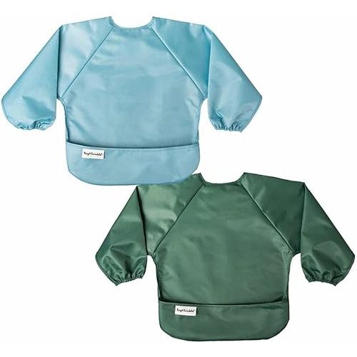 Tiny Twinkle Long Sleeve Bib for Babies & Toddlers | 2-Pack Waterproof Smock Bib for Eating | Machine Washable & Mess-Proof Feeding Essentials | Newborn Shower Gift (Slate Olive,6–24M)