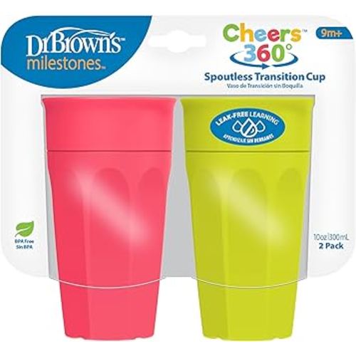 Dr. Brown's Milestones Cheers 360 Spoutless Transition Cup, Travel Friendly and Leak Free Sippy for Babies and Toddlers, Green and Pink, BPA-Free, 10 oz/300 mL, 9m+
