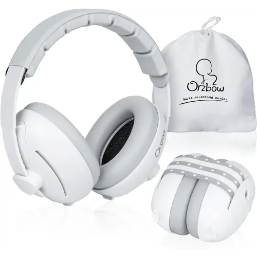Orzbow 2-in-1 Baby Ear Muffs Noise Protection, Noise Cancelling Headphones for Babies up to 48 Months, Adjustable Infant Ear Protection with Non-Slip Band for Airplane Travel Sleep, White
