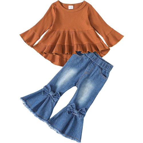 Kucnuzki Toddler Baby Girls Clothes Long Sleeve Shirt Top Flare Denim Jeans Cute Outfit Baby Girl Fall Winter Clothes