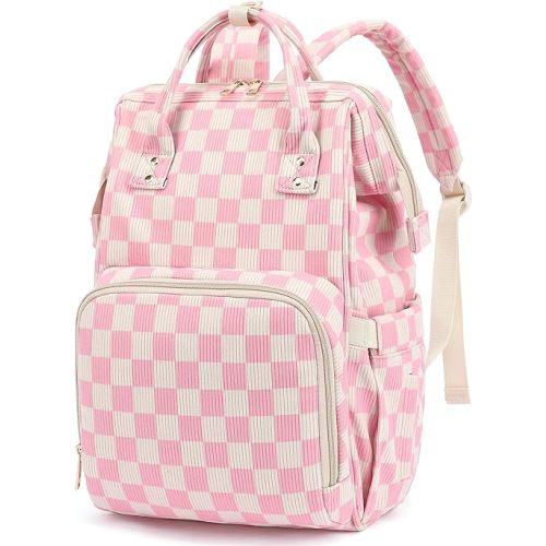 Baby Diaper Bag Backpack for Mom, Large Capacity Travel Nappy Bag for Boys & Girls with Stroller Straps (Corduroy Checkered Pink)
