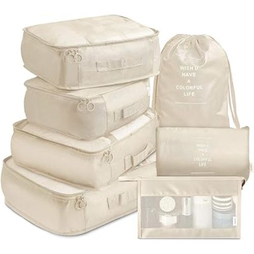 VAGREEZ Packing Cubes, 7 Pcs Travel Luggage Packing Organizers Set with Toiletry Bag (Beige)