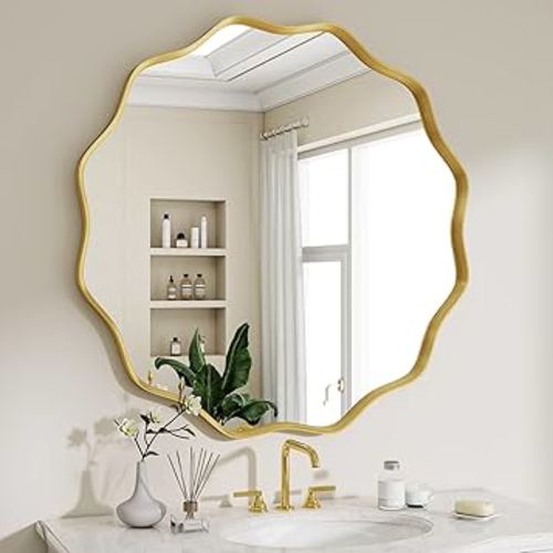 Round Wavy Mirror, 24 Inch Metal Frame Circle Mirror, Round Wall Mounted for Entryway, Bathroom, Vanity, Living Room, Gold