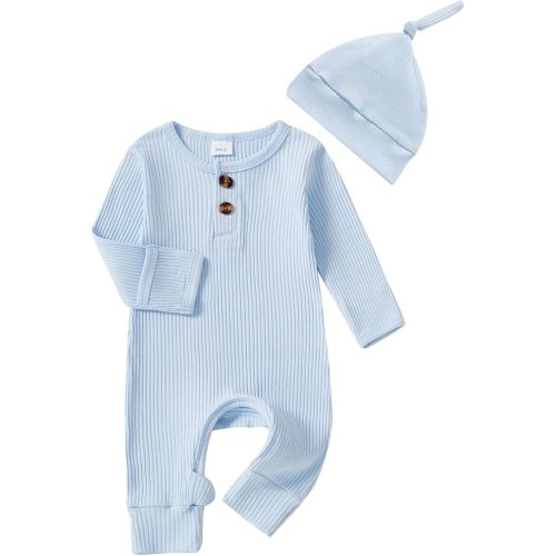 Infant Boys Girls Clothes Set Newborn Baby Romper Hat Ribbed Knit Long Sleeve Button Solid Bodysuit Jumpsuit