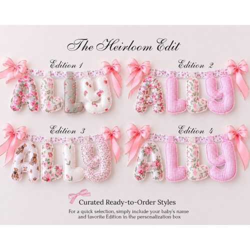 Heirloom Personalized Name Garland, Grandmillennial Vintage Nursery Decor, Timeless Floral Baby Name Banner, Quilted Fabric Letters