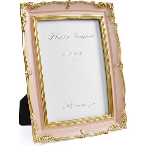 Vintage Pink 5x7 Picture Frame, Pink and Gold 5 by 7 Antique Photo Frames, Ornate Textured Hand-Crafted Resin Frame with Glass Front for Tabletop Display, Retro Design Home Decor