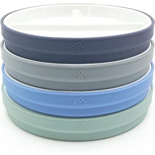 Elk and Friends Kids 6.7” Porcelain White Plates with Silicone Sleeves | Divided Plates | Suitable for Kids/Toddlers | Microwave & Dishwasher Safe | Non Slip | Snack Dishes…