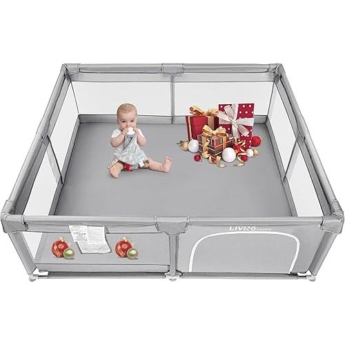 LIVINGbasics Baby Playpen, 73''x61'' Extra Large Playard Play Activity Center with Door Breathable Mesh Indoor/Outdoor