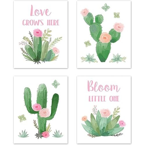 Sweet Jojo Designs Pink and Green Boho Wall Art Prints Room Decor for Baby, Nursery, and Kids for Watercolor Cactus Floral Collection - Set of 4 - Love Grows Here, Bloom Little One