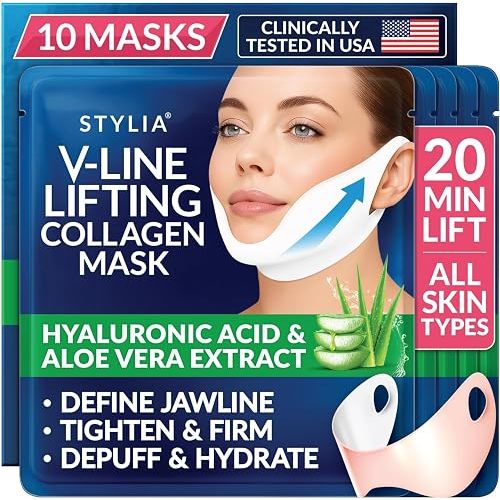 Stylia V Line Lifting Collagen Mask - Lift, Firm & Contour Jawline - Tightening Double Chin Strap with Hyaluronic Acid & Aloe - Neck Tightening and Lifting Mask - Jawline Shaper Face Lift Tape (10PC)