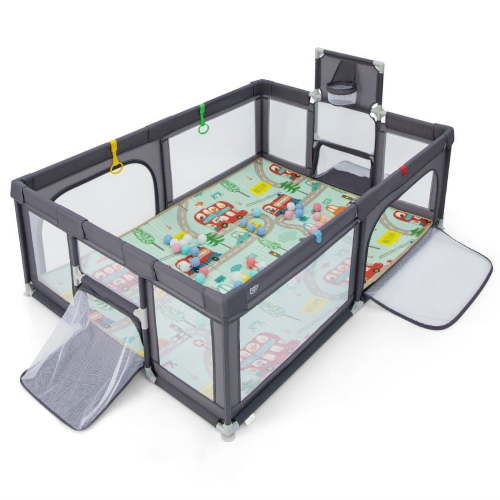 Yardi Yard Large Baby Playpen with Mat and Ocean Balls-Dark gray, Baby Playpen for Babies and Toddlers