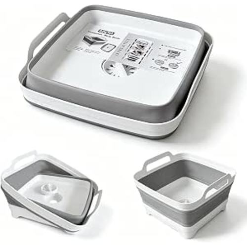 Collapsible Wash Basin with Drain Plug - 2.4 Gallon Foldable Kitchen Sink for Baby Bottles, RV Camping, Space-Saving Dish Tub (Gray) | 2.4 Gal, Collapsible Dish Basin, Drain Plug, Kitchen Sink, Camping, RV, Space-Saving, Narrow Sink, Apartment, Baby Bottl