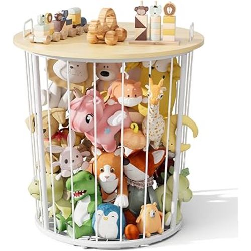 BBLIKE Large Stuffed Animal Storage End Table - Sturdy Metal Kids Toy Storage Bin, Stuffed Zoo Animal Holder for Bedroom, Living Room, Nursery, Perfect for Plush Toy Organizer, Wood