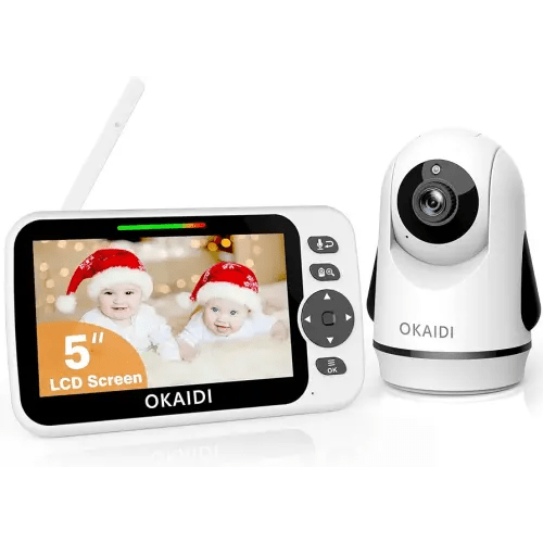 OKAIDI Video Baby Monitor with Camera and Audio, 5" Display Baby Monitor No WiFi, 30H Battery and 1000ft Range, Remote Pan-Tilt-Zoom Baby Camera, Night Vision, 2-Way Talk, ECO, Temperature, Lullaby