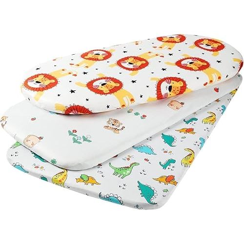 Onacosht Stretchy Bassinet Sheets 33" x 19" Compatible with Mika Micky, KoolaBaby (3 in 1), BabyBond, HARPPA and RICUTON Bedside Bassinet, 3 Pack, Tiger and Lion Printing
