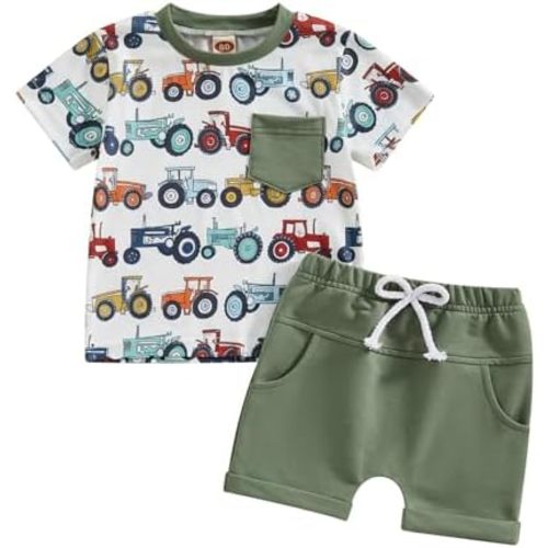 Infant Baby Boy Farm Clothes Western Cow/Animals Farm Themed Shirt Top Solid Short Pant 2Pcs Summer Short Outfits