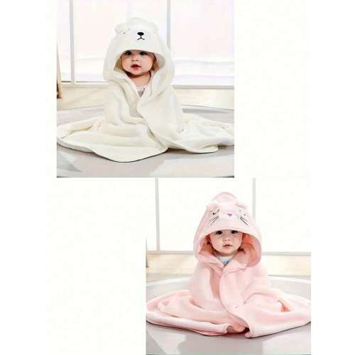 2pcs Baby Bath Towel Set, Unisex Animal Face Hooded Baby Cape, Soft Coral Fleece Cartoon Bathing Accessory For Infants, All Seasons Usage | SHEIN USA