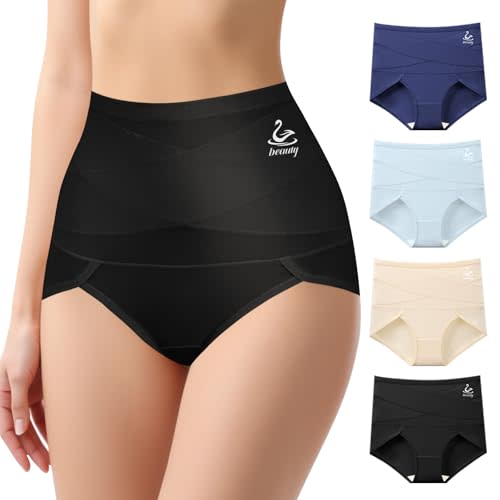 QUASTI Women's High Waisted Underwear, Tummy Control high cut Panties Full Coverage Postpartum Briefs underwear 4 pack