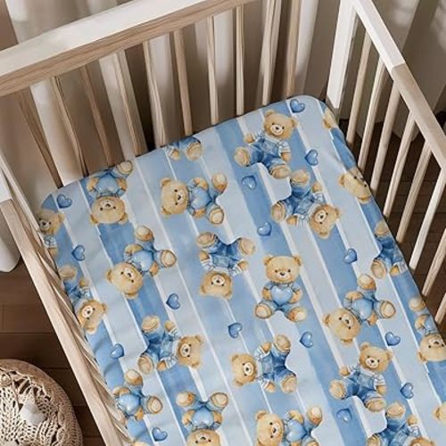 Cute Cartoon Bears Heats Stripes Pattern Baby Sheets for Crib, Unisex Bear Nursery Fitted Bed Sheet for Boys Girls Standard Crib and Toddler Mattress-28x52