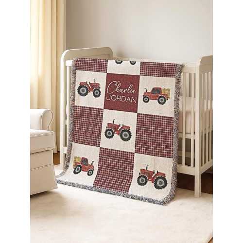 Tractor Baby Blanket with Name Farm Patchwork Woven Cotton or Fleece Blanket Custom Toddler Boy Farm Gift Farm Nursery Bedding Boys