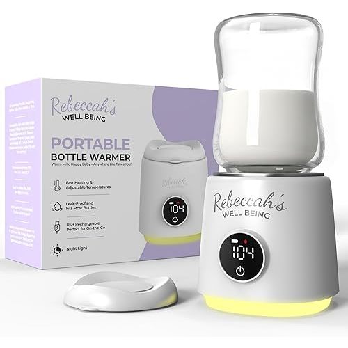 Portable Bottle Warmer for Travel with built in Nightlight, Fast 4 Heat Settings, Lightweight, Leak-Proof Design & Safe Rechargeable Baby Bottle Warmer for Breastmilk Formula or Water, Travel-Friendly