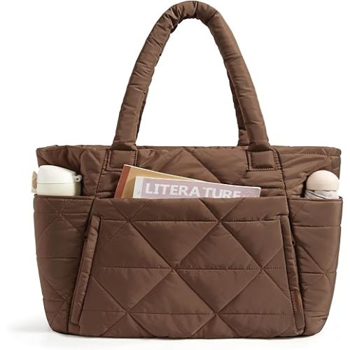 BAGSMART Tote Bag for Women, Puffy Tote Bag with Zipper, Large Quilted Shoulder Bag with Compartments for Travel, Work, Gym