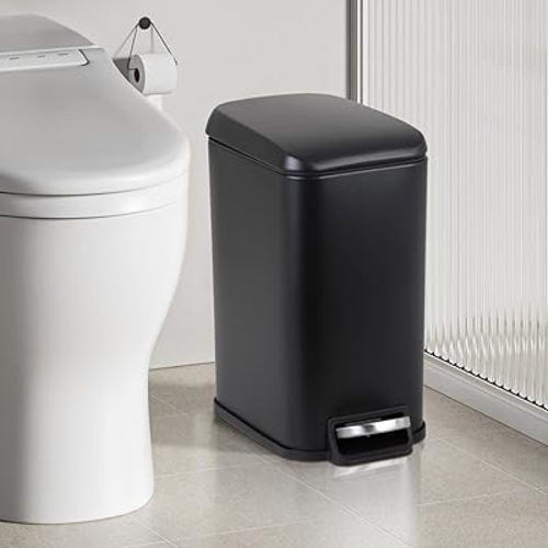 Small Bathroom Trash Can with Lid, 5 Liter/1.3 Gallon Stainless Steel Small Garbage Can with Removable Inner Bucket & Soft-Close Foot Pedal, Slim Trash Can for Bathroom, Bedroom, Office (Black)