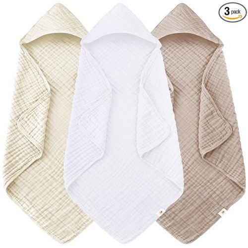 Sunny zzzZZ Muslin Hooded Baby Bath Towels - 3 Pack 100% Cotton Soft Low-Saturation Pastel Towels Including Classic White for Newborns, Infants, Toddlers - 32x32 Inch - Ivory, Brown and White