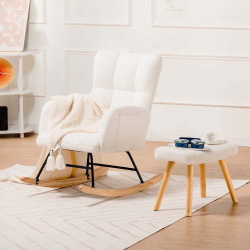 COMHOMA Nursery Rocking Chair with Ottoman, Teddy Glider Rocking Chair, Accent Chair with High Backrest Reading Chair for Adult, Nursery, Bedroom, Living Room, Offices,Beige
