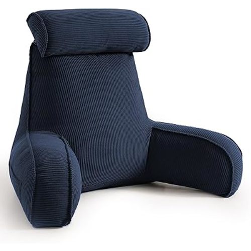 Bed Rest Reading Pillow with Arms & Detachable Headrest, Corduroy Backrest Cushion with Side Pockets & Washable Cover, Sit Up Pillow for Bed, Sofa Reading, Relaxing & Watching TV, Navy Blue