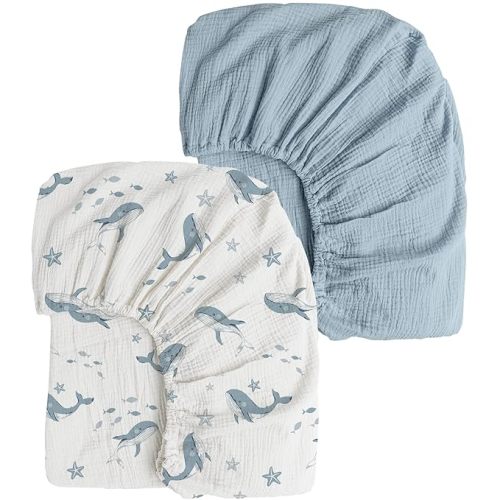 Konssy Muslin Crib Sheets 2 PCS, 100% Cotton Baby Crib Sheets for Standard Crib Mattress (28"x 52"), Soft and Breathable for Boys, Girls (Blue Whale,Blue)