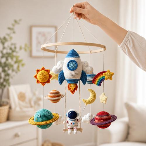 Crochet Space Baby Mobile, Rocket Astronaut Crib Mobile with Planets & Rainbow, Handmade Outer Space Room Decor, Baby Shower Gift