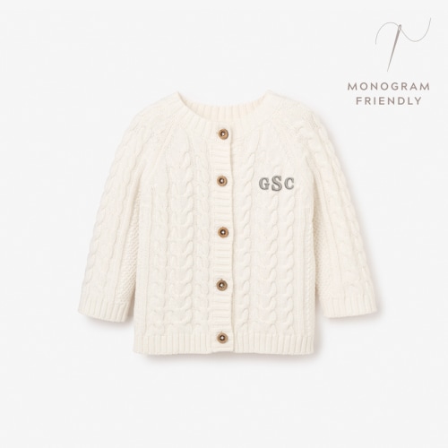 Whisper White Horseshoe Cable Knit Baby Cardigan WHITE / 6-9M