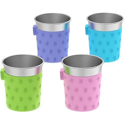 Rich&Ray 8oz Magnetic Reusable Hanging Cup, Stackable Metal Cups Stainless Steel Drinking Cup with Silicone Sleeve for Water Cooler and Fridge (8oz-Purple, Green, Pink, Light Blue)