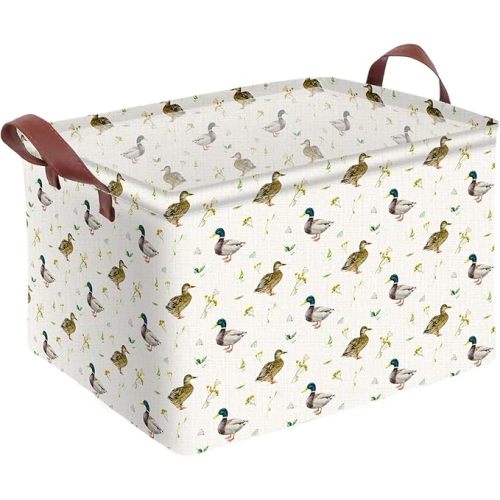 Cute Mallard Duck Storage Basket Waterproof Canvas Toy Storage Bin Mallard Duck Room Decor Collapsible Outdoor Basket with Leather Handles Duck Decor