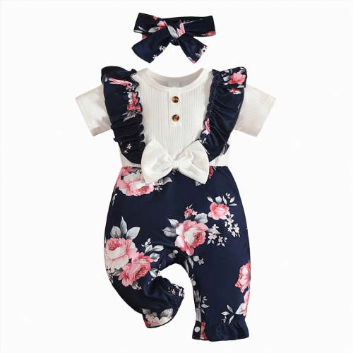CAICJ98 Newborn Baby Girl Clothes Ruffle Short Sleeve Bow Jumpsuit Corduroy Floral Romper+Headband Cute Spring Summer One Piece Outfit (Black,0-3 Months)