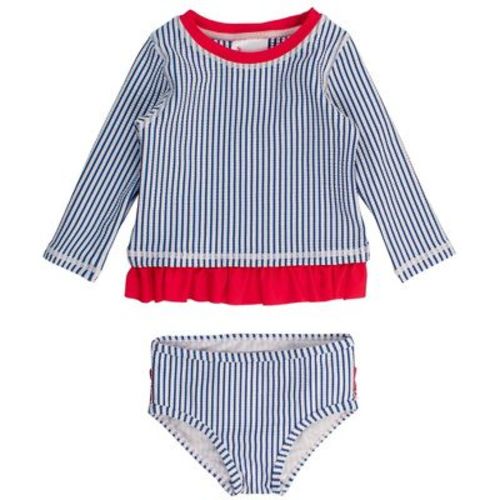 RuffleButts Baby Girls UPF50+ Seersucker Long Sleeve Rash Guard Bikini - Blue Seersucker, 6-12m
