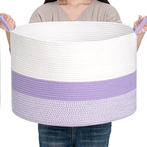 Round Cotton Rope Storage Basket - 22x14.2 Inches - Cute Nursery Bin, Baby Toy Organizer, Lavender Organizer for Home Decor, Multi-Purpose Home Tidy Solution