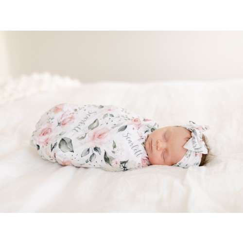 Swaddle Blanket with Name, Soft Floral Pink Rose, Headband Bow, Hat, Personalized Baby Girl Gift, Hospital Newborn Photos, Rosie Collection