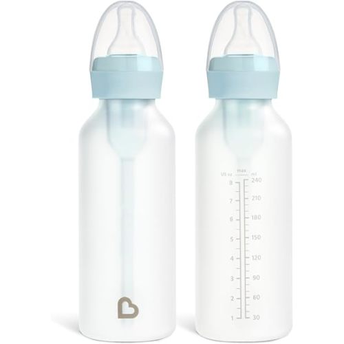 Munchkin Bond Silicone Coated Glass Baby Bottles - Anti-Colic Feeding System with Natural Feel Nipples, 8 Ounce, 2 Pack Blue