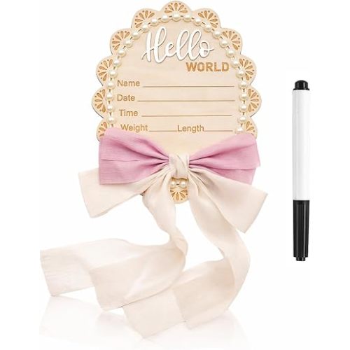 Pearl & Bow Newborn Announcement Sign - Baby Hospital Photo Prop Wooden Name Board Card for Birth Welcome Hello World for Girls